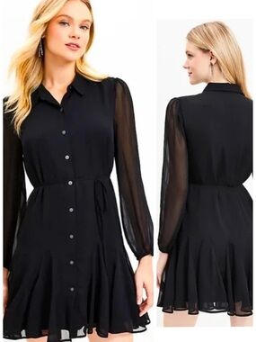 Loft Long Sleeve Chiffon Mini Shirtdress In Black Size S EUC